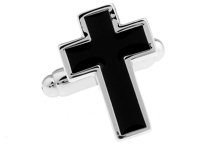 Men's Cufflinks Black Enamel Silver Trim Cross Jewelry Cuff Links Religious Gift Man of Faith