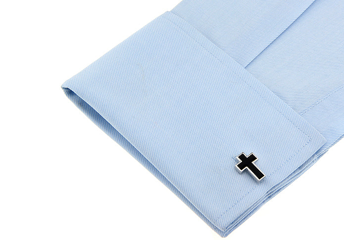 Men's Cufflinks Black Enamel Silver Trim Cross Jewelry Cuff Links Religious Gift Man of Faith