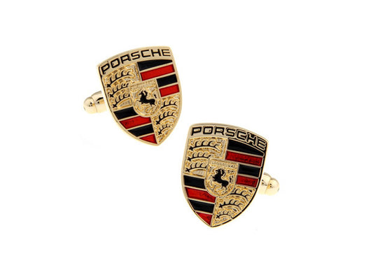 Porsche Logo Cufflinks Car Badge plate Hood Ornament Gold Cuff Links