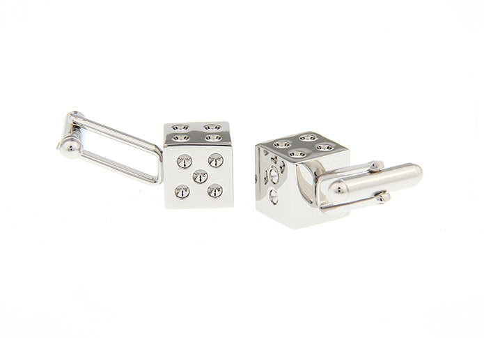Silver dice-shaped cufflinks on a white background