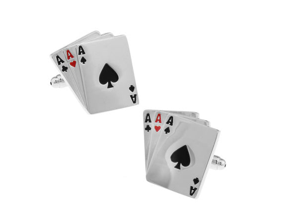 Cufflinks designed like playing cards with Aces on a white background