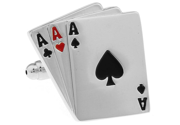 Cufflinks designed like a set of playing card aces on a white background