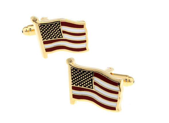 Gold American Flag cufflinks with red white and blue enamel and bullet back closure
