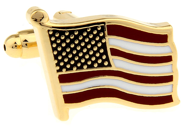Gold American Flag cufflinks with red white and blue enamel and bullet back closure