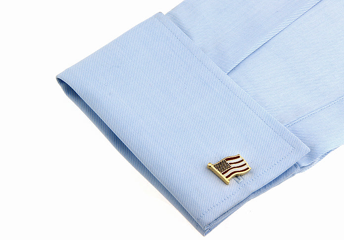 Gold American Flag cufflinks with red white and blue enamel and bullet back closure