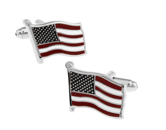 American Flag Cufflinks – red white and blue waving USA flag metal enamel cufflinks for men