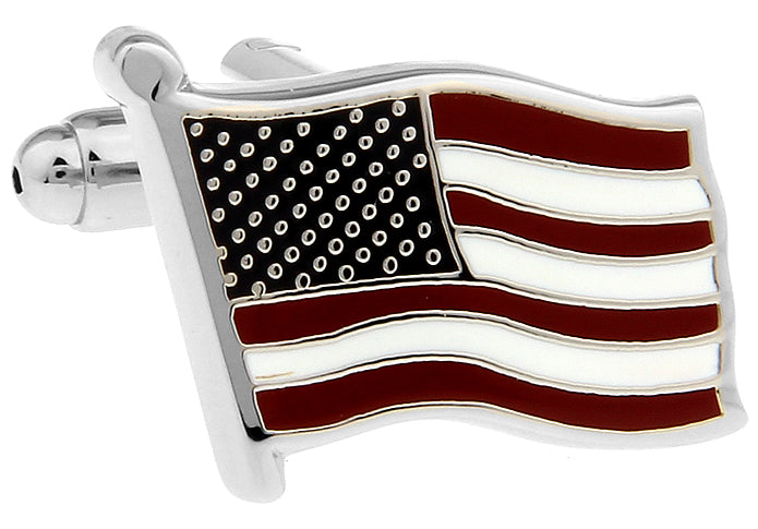 American Flag Cufflinks – red white and blue waving USA flag metal enamel cufflinks for men
