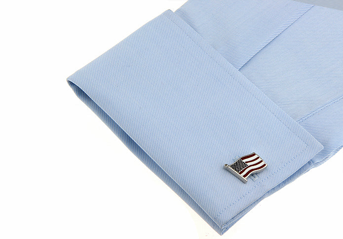 American Flag Cufflinks – red white and blue waving USA flag metal enamel cufflinks for men