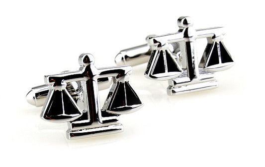 JayPins Silver Scales of Justice Cufflinks – polished silver cufflinks with black enamel detail representing fairness, balance, and professionalism, perfect for lawyers, judges, and law graduates.