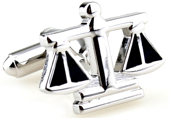 JayPins Silver Scales of Justice Cufflinks – polished silver cufflinks with black enamel detail representing fairness, balance, and professionalism, perfect for lawyers, judges, and law graduates.