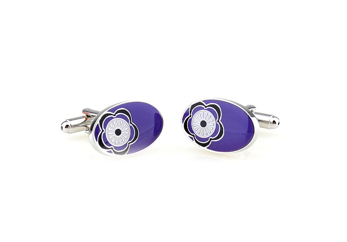 JayPins Purple Bloom cufflinks featuring a silver oval frame with a bold purple enamel flower design, displayed on a clean white background for a modern and elegant look.