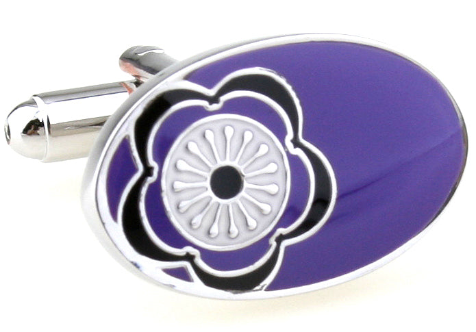 JayPins Purple Bloom cufflinks featuring a silver oval frame with a bold purple enamel flower design, displayed on a clean white background for a modern and elegant look.