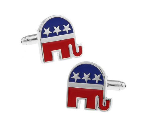Republican elephant cufflinks with red, blue, and white colors on a white background