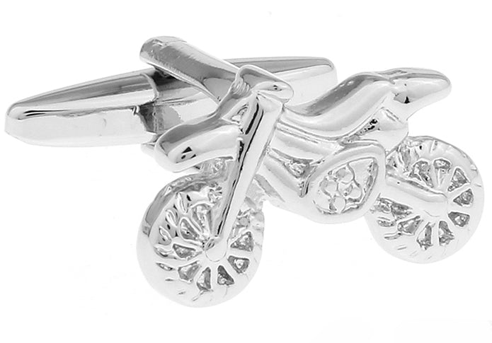 Silver motorcycle-shaped cufflinks on a white background