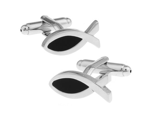 JayPins Silver Ichthys “Jesus Fish” Cufflinks – polished silver Christian cufflinks featuring the Ichthys faith symbol in black enamel, ideal for church, weddings, or men’s religious gifts.