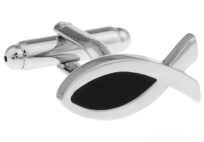 JayPins Silver Ichthys “Jesus Fish” Cufflinks – polished silver Christian cufflinks featuring the Ichthys faith symbol in black enamel, ideal for church, weddings, or men’s religious gifts.