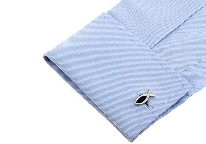 JayPins Silver Ichthys “Jesus Fish” Cufflinks – polished silver Christian cufflinks featuring the Ichthys faith symbol in black enamel, ideal for church, weddings, or men’s religious gifts.