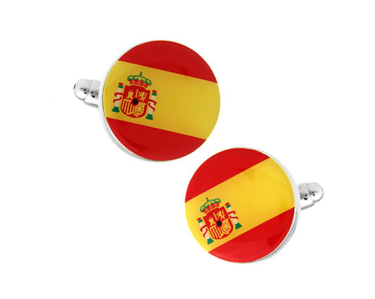 Round Spain flag cufflinks with red and yellow enamel and Spanish coat of arms design, perfect for dress shirts and patriotic occasions.