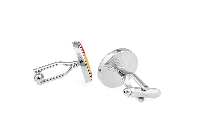 Round Spain flag cufflinks with red and yellow enamel and Spanish coat of arms design, perfect for dress shirts and patriotic occasions.