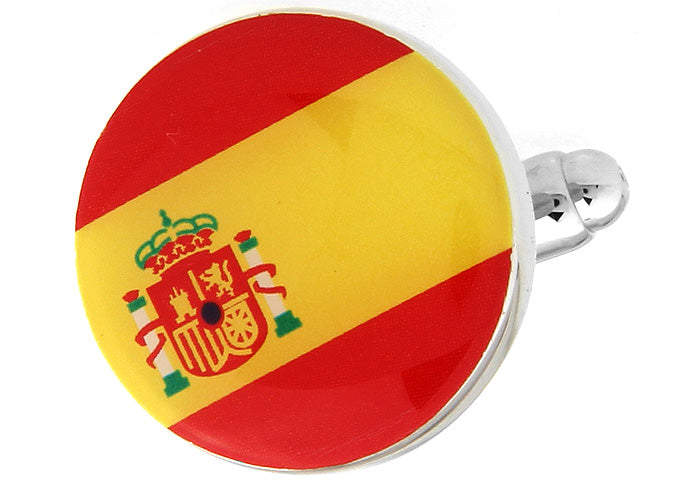 Round Spain flag cufflinks with red and yellow enamel and Spanish coat of arms design, perfect for dress shirts and patriotic occasions.
