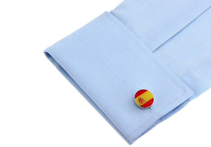 Round Spain flag cufflinks with red and yellow enamel and Spanish coat of arms design, perfect for dress shirts and patriotic occasions.