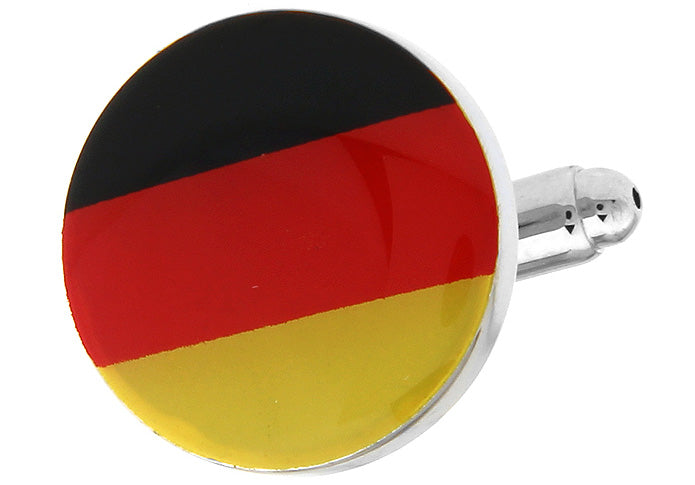 Round Germany flag cufflinks with black, red, and gold enamel design and silver trim, perfect for showing Deutschland pride or gifting to travelers.