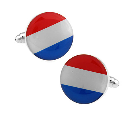 Round Netherlands flag cufflinks with red, white, and blue enamel design and silver trim, perfect for formal wear or showing Dutch pride.