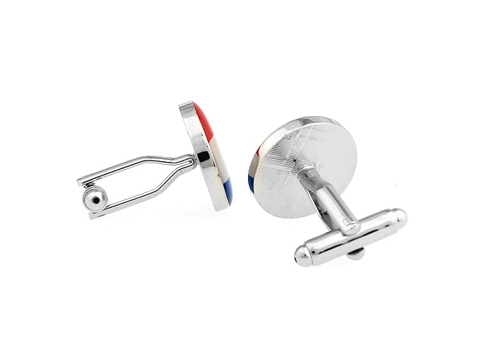 Round Netherlands flag cufflinks with red, white, and blue enamel design and silver trim, perfect for formal wear or showing Dutch pride.
