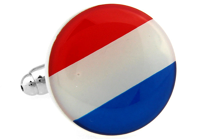 Round Netherlands flag cufflinks with red, white, and blue enamel design and silver trim, perfect for formal wear or showing Dutch pride.