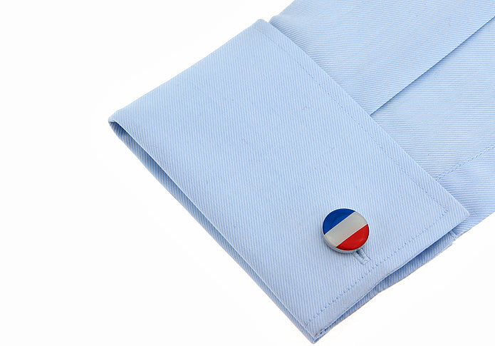 Round Netherlands flag cufflinks with red, white, and blue enamel design and silver trim, perfect for formal wear or showing Dutch pride.