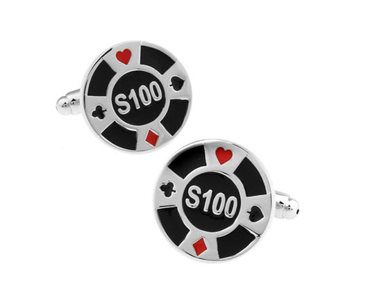 Poker chip-themed cufflinks with 'S100' text on a white background