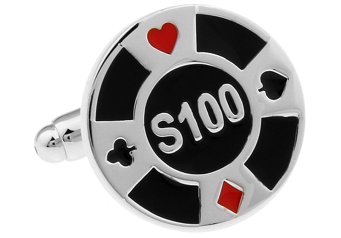 Poker chip-themed cufflinks with 'S100' on a white background