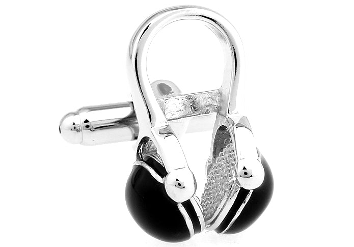 Cufflinks with black and silver design on a white background