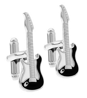 JayPins Rock and Roll Electric Guitar Cufflinks – silver and black enamel guitar-shaped cufflinks perfect for musicians, music lovers, and rock fans.