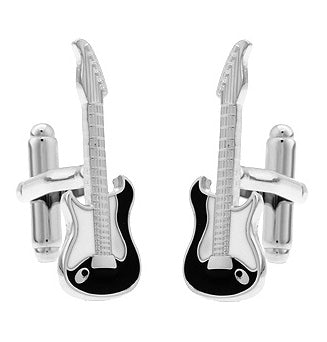 JayPins Rock and Roll Electric Guitar Cufflinks – silver and black enamel guitar-shaped cufflinks perfect for musicians, music lovers, and rock fans.