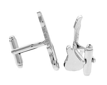 JayPins Rock and Roll Electric Guitar Cufflinks – silver and black enamel guitar-shaped cufflinks perfect for musicians, music lovers, and rock fans.