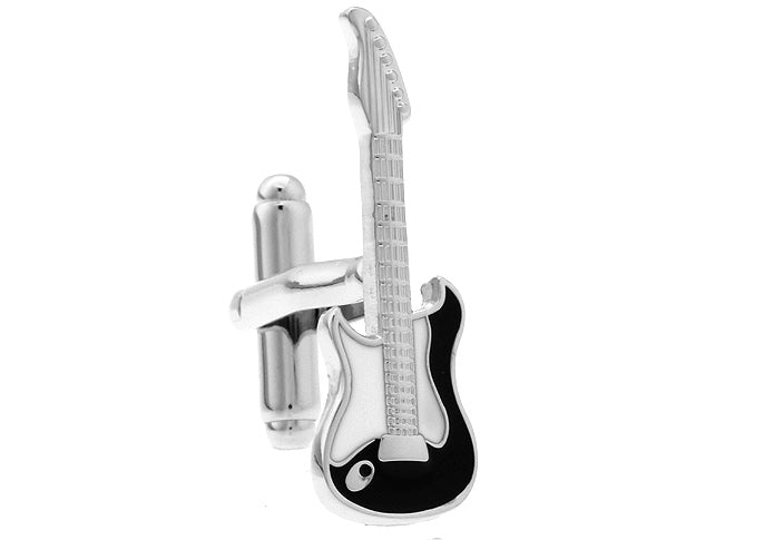 JayPins Rock and Roll Electric Guitar Cufflinks – silver and black enamel guitar-shaped cufflinks perfect for musicians, music lovers, and rock fans.