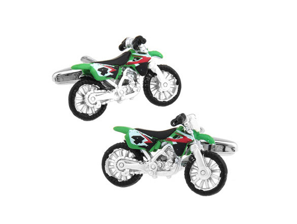 Motorcycle-themed cufflinks on a white background