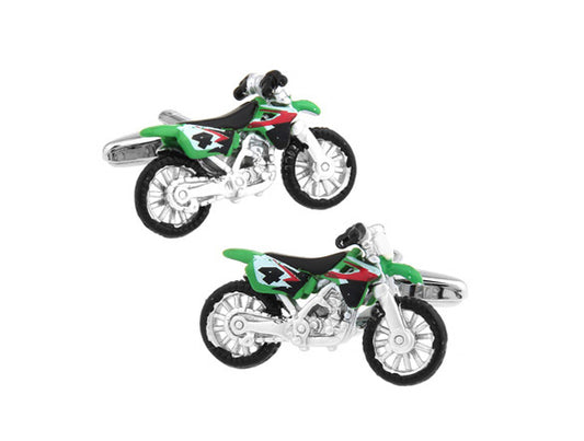 Motorcycle-themed cufflinks on a white background