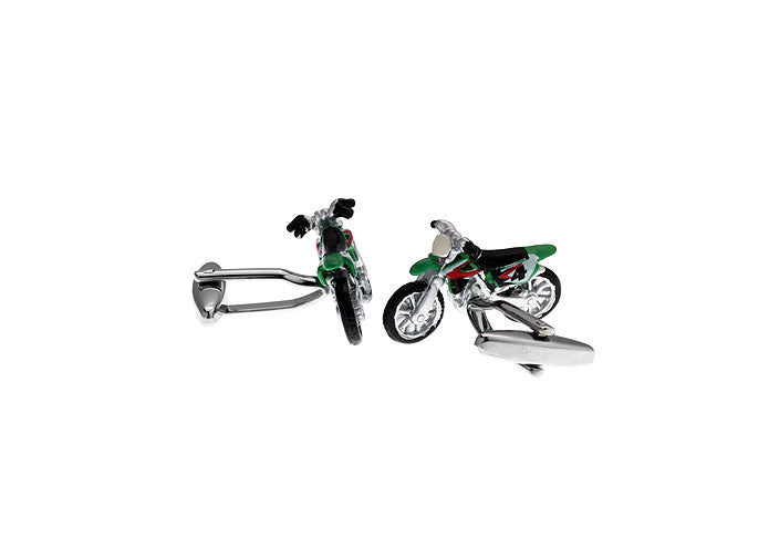 Motorcycle-themed cufflinks on a white background