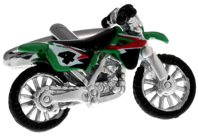 Model motorcycle with green and red design on a white background