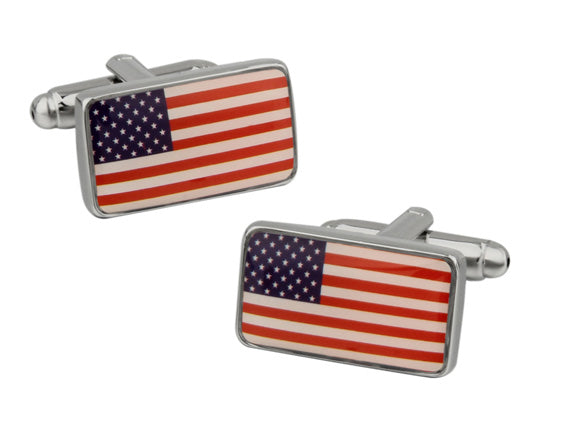 American Flag cufflinks with red white and blue stars and stripes and silver metal finish