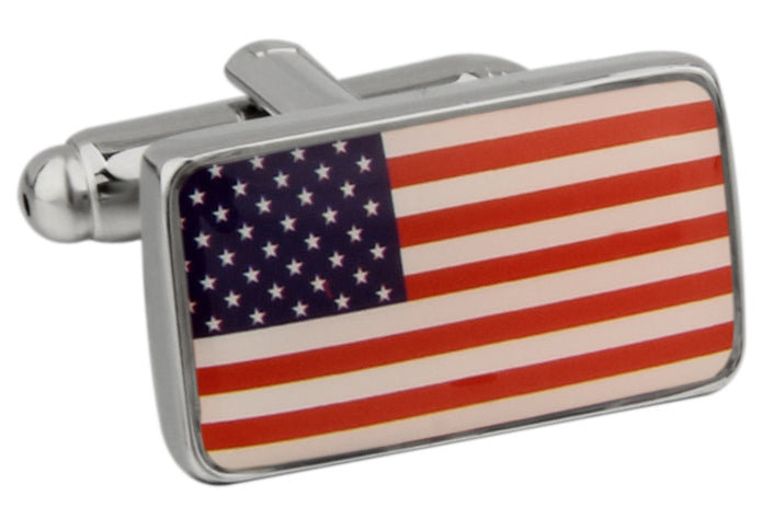 American Flag cufflinks with red white and blue stars and stripes and silver metal finish