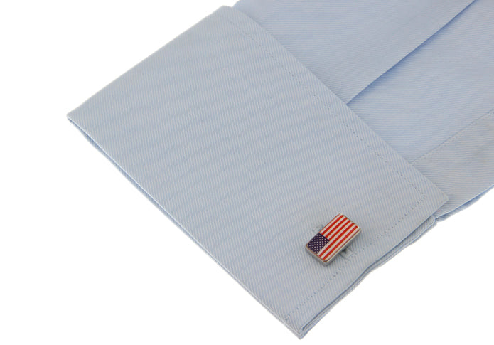 American Flag cufflinks with red white and blue stars and stripes and silver metal finish