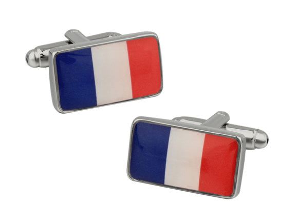 France Flag Cufflinks featuring the blue, white, and red tricolor design with a polished silver frame, designed by JayPins for French pride and elegance.