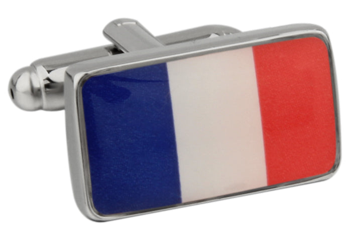 France Flag Cufflinks featuring the blue, white, and red tricolor design with a polished silver frame, designed by JayPins for French pride and elegance.