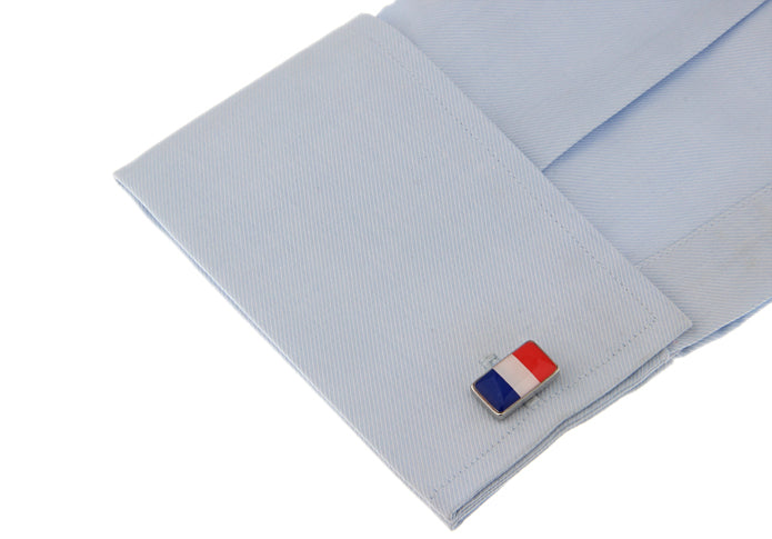 France Flag Cufflinks featuring the blue, white, and red tricolor design with a polished silver frame, designed by JayPins for French pride and elegance.