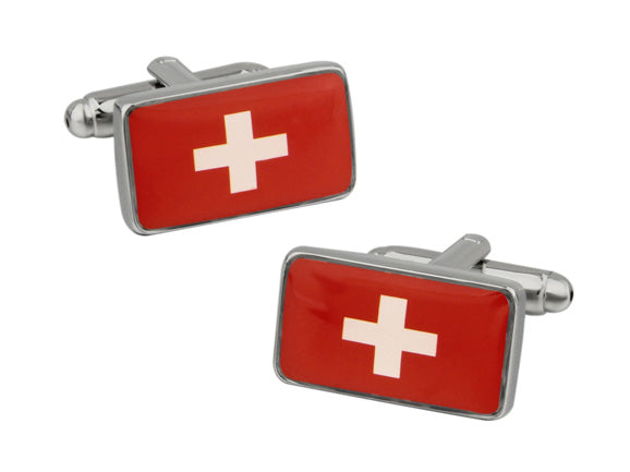 Switzerland Flag Cufflinks featuring the red and white Swiss cross design with a polished silver frame, designed by JayPins for patriotic style and national pride.