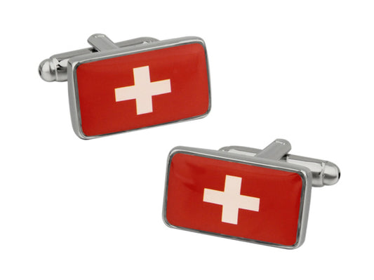 Switzerland Flag Cufflinks featuring the red and white Swiss cross design with a polished silver frame, designed by JayPins for patriotic style and national pride.