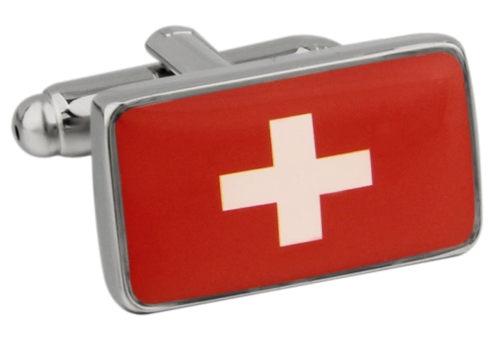 Switzerland Flag Cufflinks featuring the red and white Swiss cross design with a polished silver frame, designed by JayPins for patriotic style and national pride.